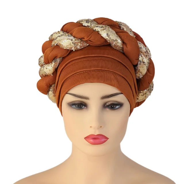 Turbans for Women Pleated Beanie Headwrap African Hat Arab Wrap Muslim Scarf Hijabs Hair Aso Oke Auto Gele Readymade to Wear Cap 015