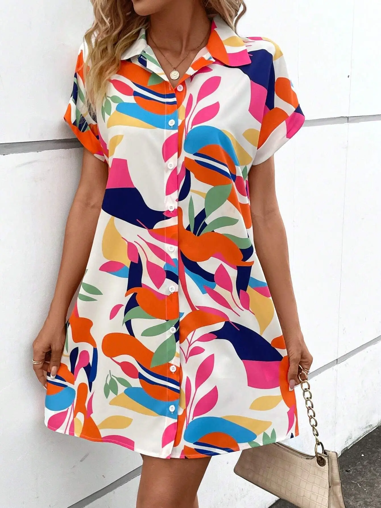 Colorful Flower Print Short Sleeve Midi Shirt Dress