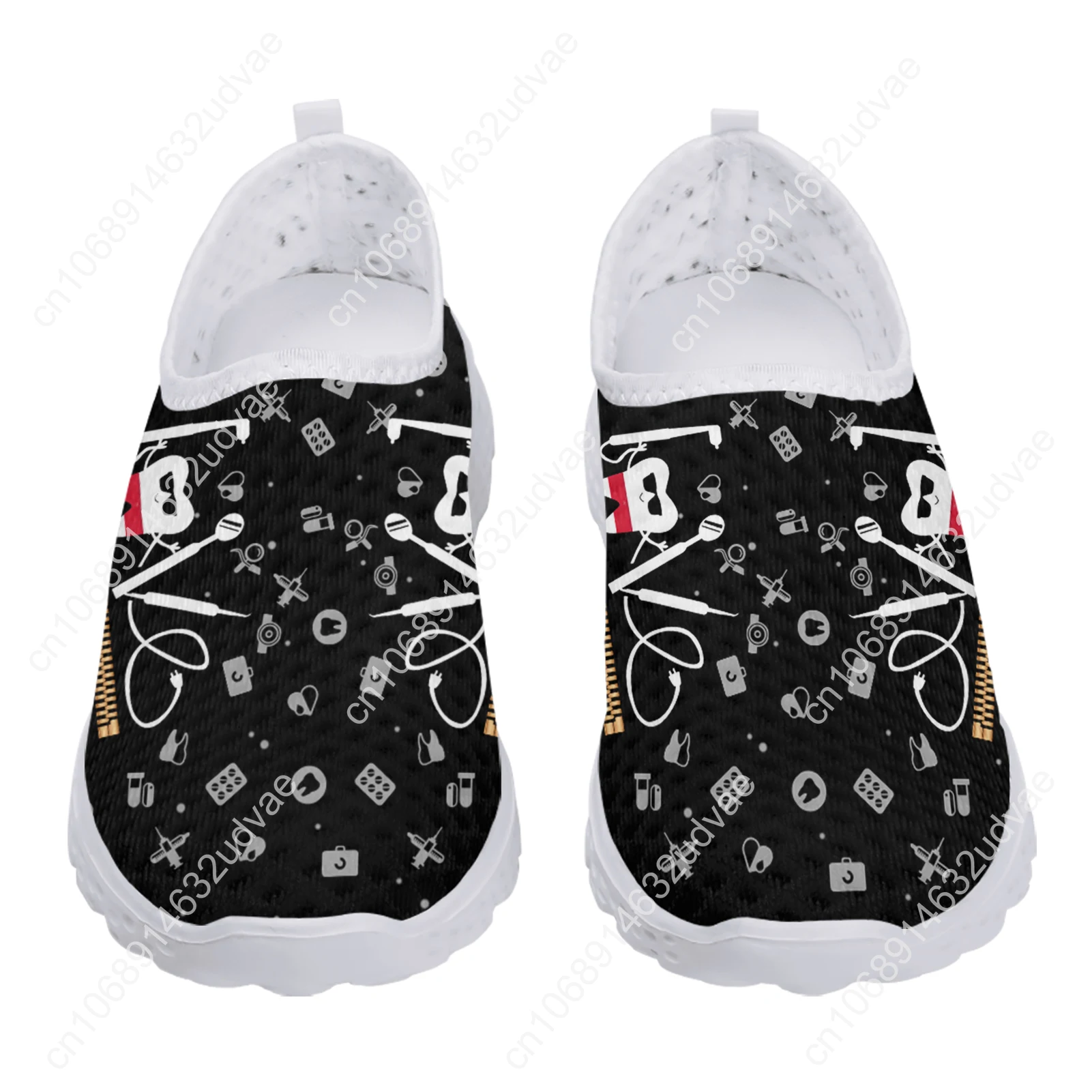 Black Funny Cartoon Teeth Print Ladies Summer Mesh Shoes Comfortable Lightweight Slip On Footwear Mesh Sneakers