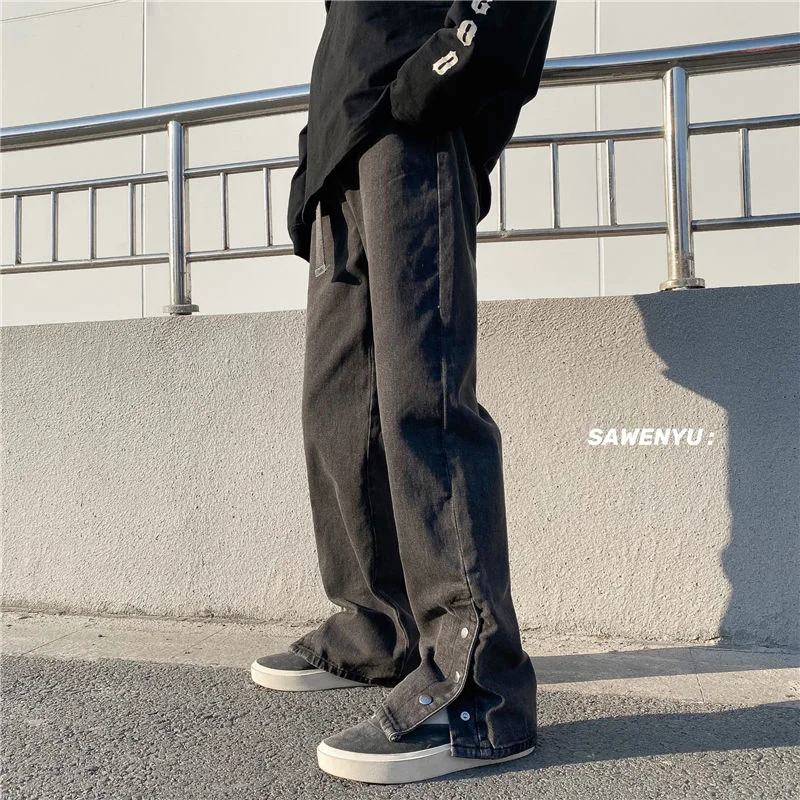 

Washed Split-breasted Jeans For Men High Street Trend Loose Wide-leg Pants Hip-hop Casual Loose Mopping Straight Denim Trousers
