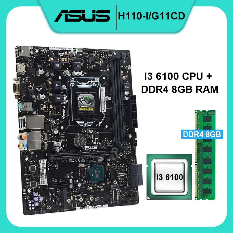 Motherboard Set With I3 6100 CPU Processor DDR4 8GB RAM Memory ASUS H110 I/G11CD Motherboard