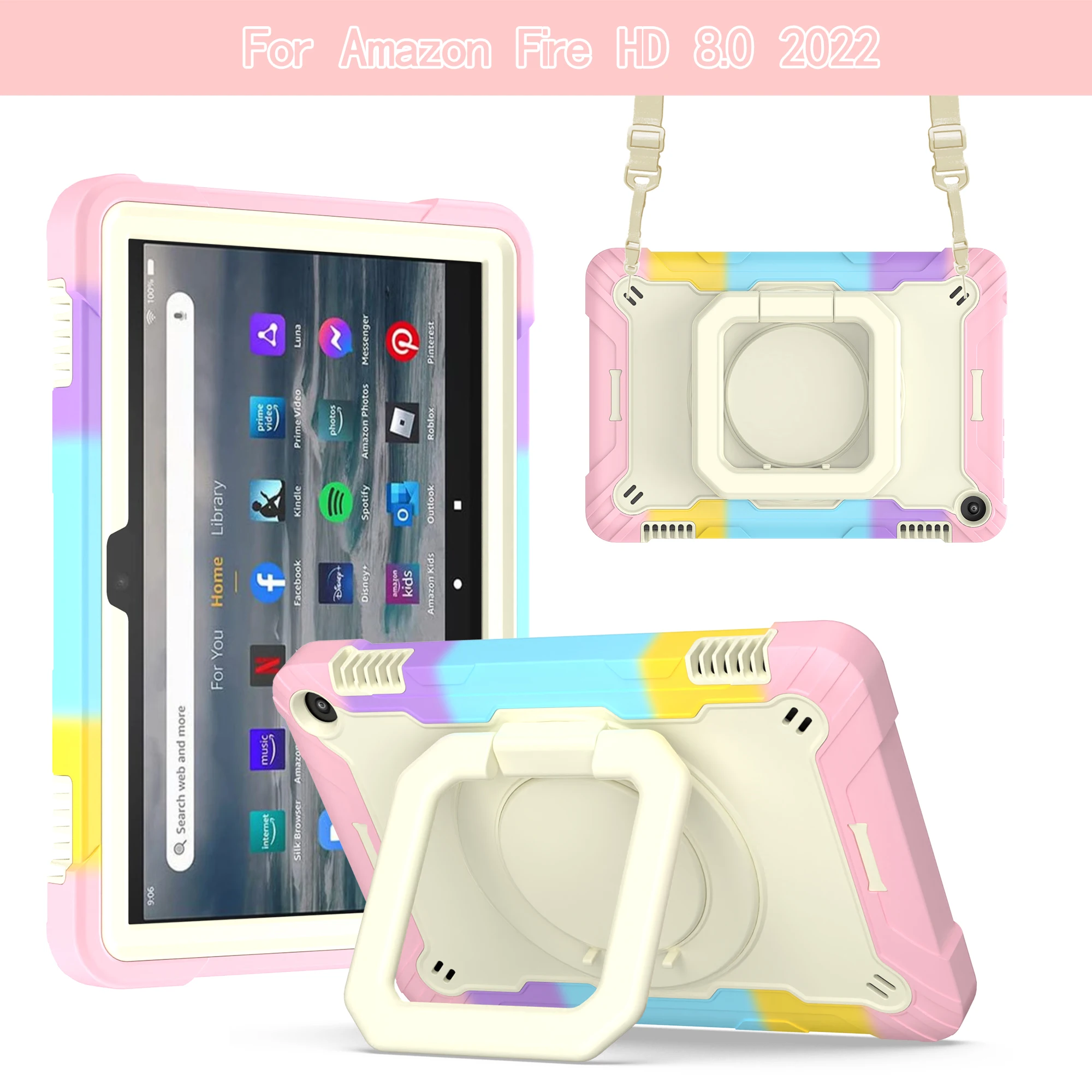 Durable Dropproof Tablet Case with 360° Swivel Holder and Shoulder Straps, Contrasting Design