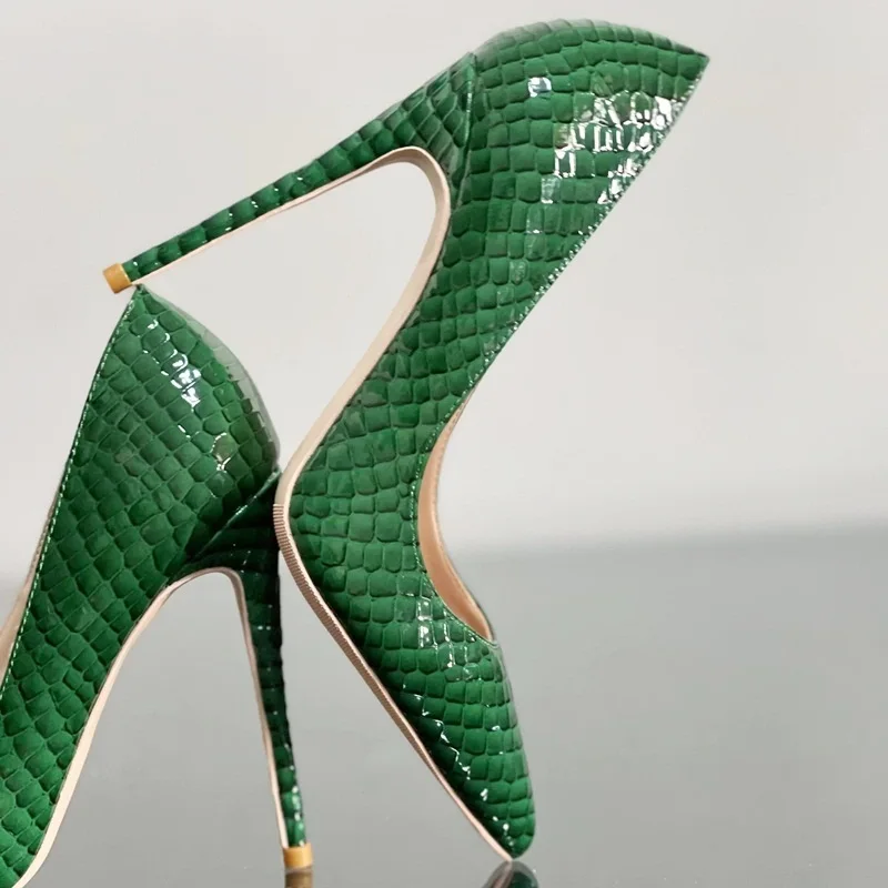 

Green Snakeskin High Heel Shoes 12cm 10cm 8cm Crocodile Pointed Toe Slip On Shallow Pumps Luxury Bride Footwear Size45