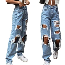 

Women's Fashion Sexy Jeans Casual Pants Big Holes Long Trousers Women Jeans Ripped Frayed Loose Denim Pants Women Clothing