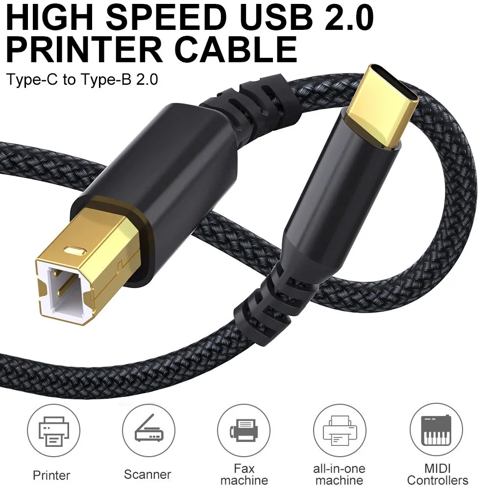 USB B to USB C Nylon Braided Fast Charging Printer Cable - Plug and Play Connector for Printers, Scanners, and Copiers