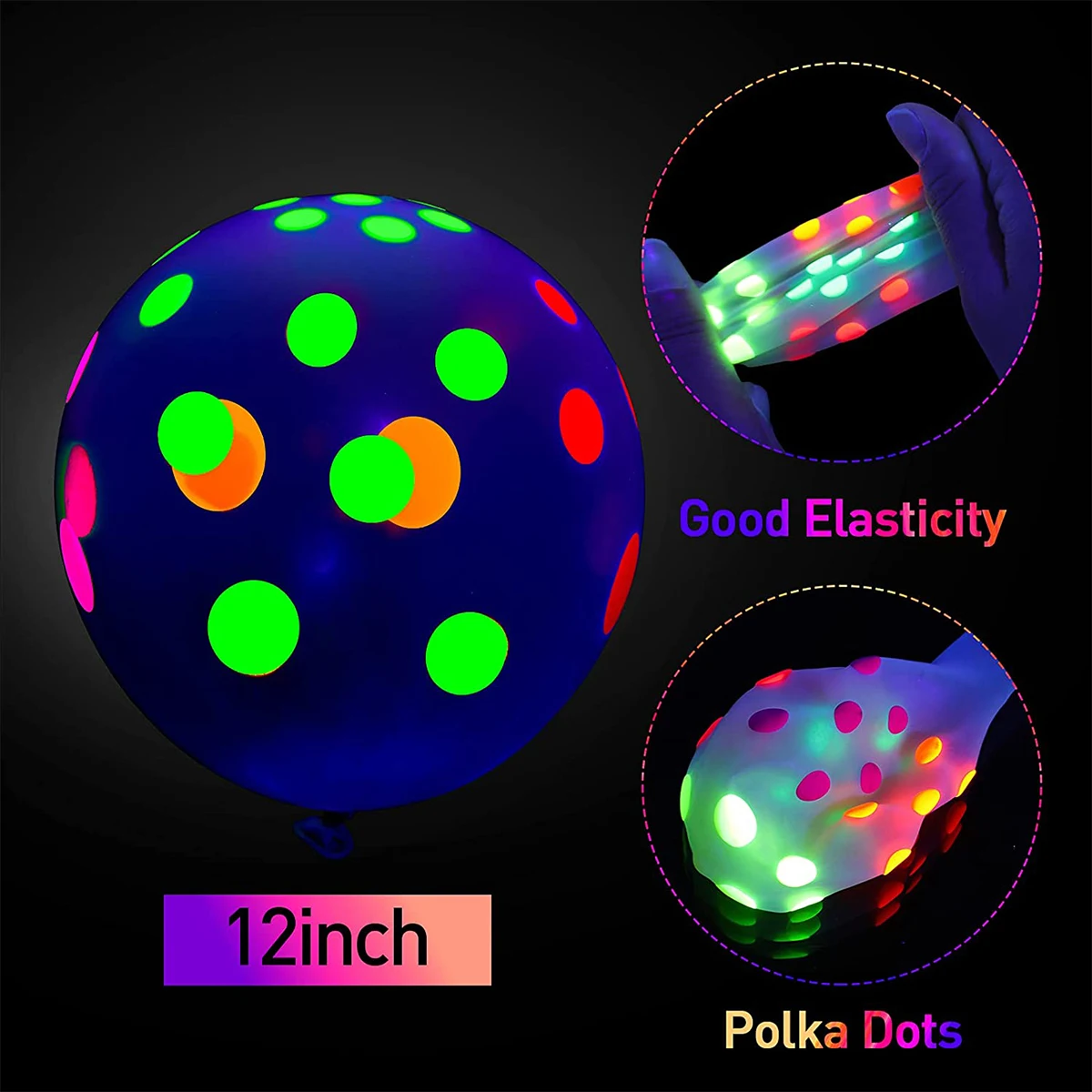 90Pcs Neon Balloons 12'' UV Neon Glow Balloons Reusable Polka Dot Blacklight Glow in the Dark Latex Balloon Blacklight