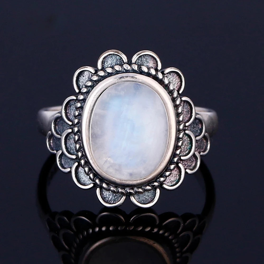 

925 Sterling Silver Ring Natural Moonstone Rings for Women Wedding Party Birthday Gift Flower Shaped Gemstone Jewelry