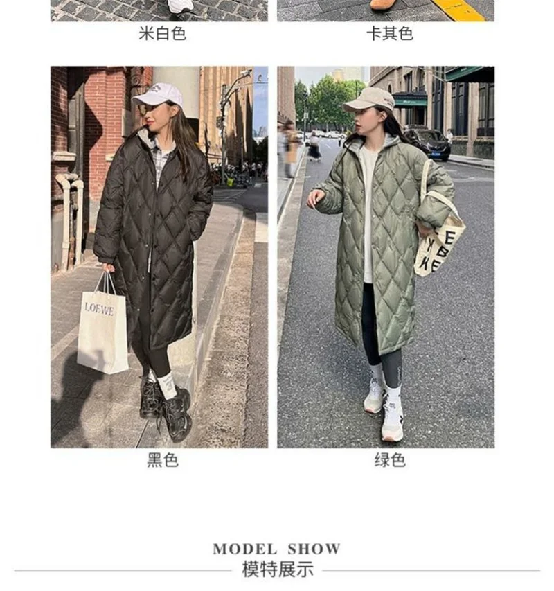 2025 Autumn Winter New Down Cotton Jacket Women's Long Over Knee Loose Jacket Diamond Grid Quilted Jacket Fake Two-Piece Parka