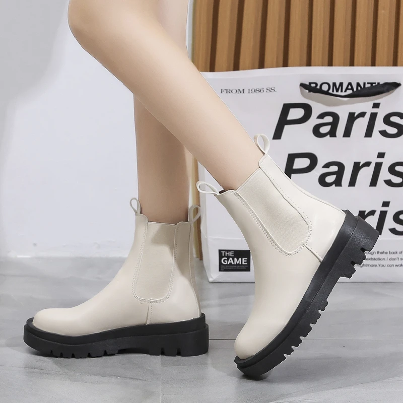 

Classic Ankle Boots 2023 New Winter Chunky Women's Boots Fashion Slip-on Platform Booties Round Toe PU Shoes British Lady Shoes