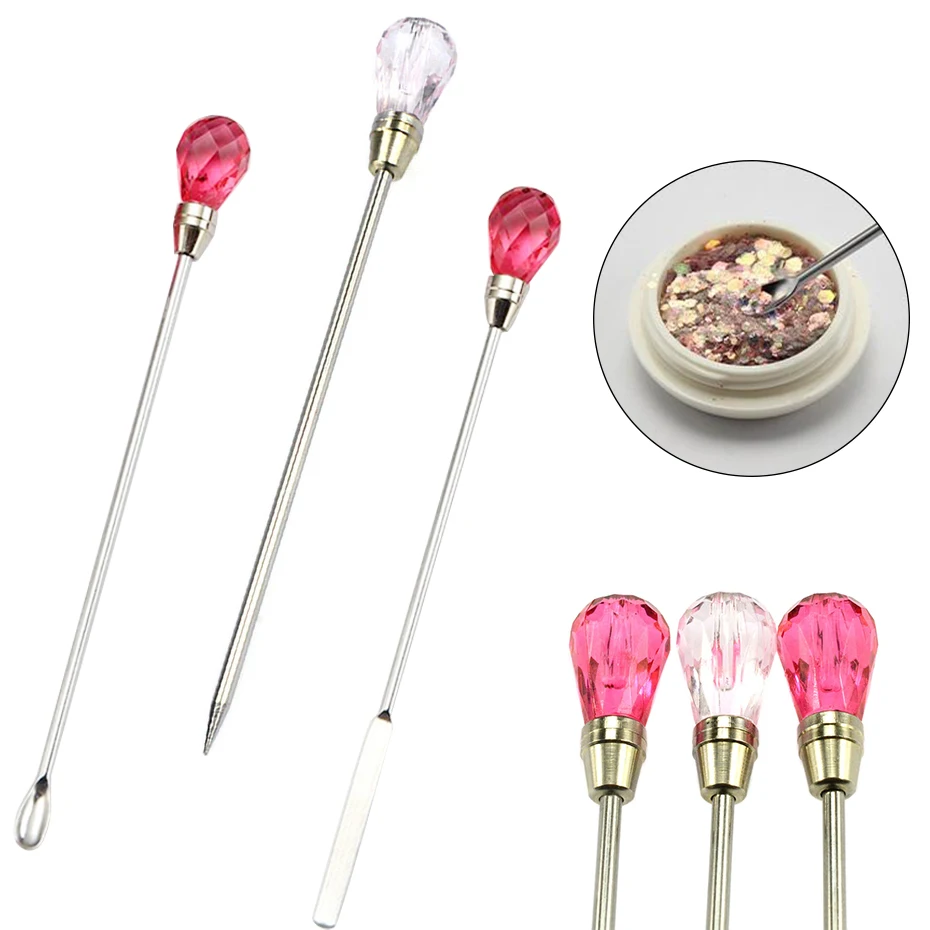 3pcs Stainless Steel Nail Art Stirring Rod Tool Powder Liquid Gel Spoon Nail Dotting Pen Diamond Head Needle Nail Art Tool SA320