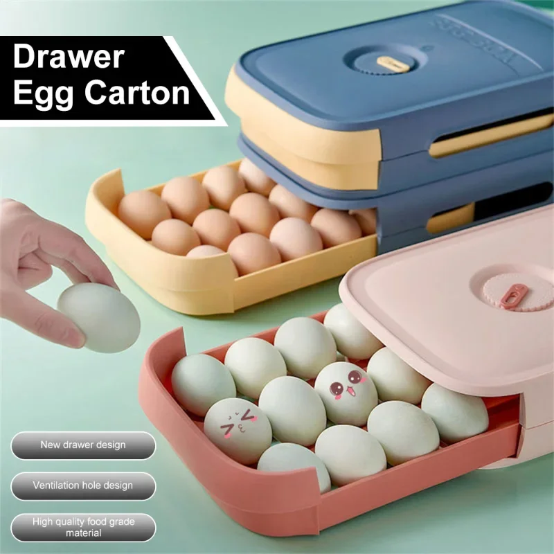 

Egg Storage Large Capacity Drawer Egg Tray Plastic Box With Lid Refrigerator Kitchen Egg Organizer
