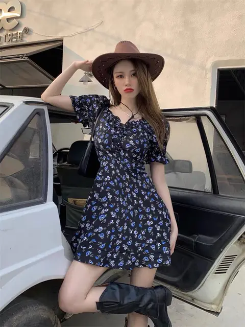 KPOP Women's Dress 2022 Summer New Sweet Broken Flower Mini