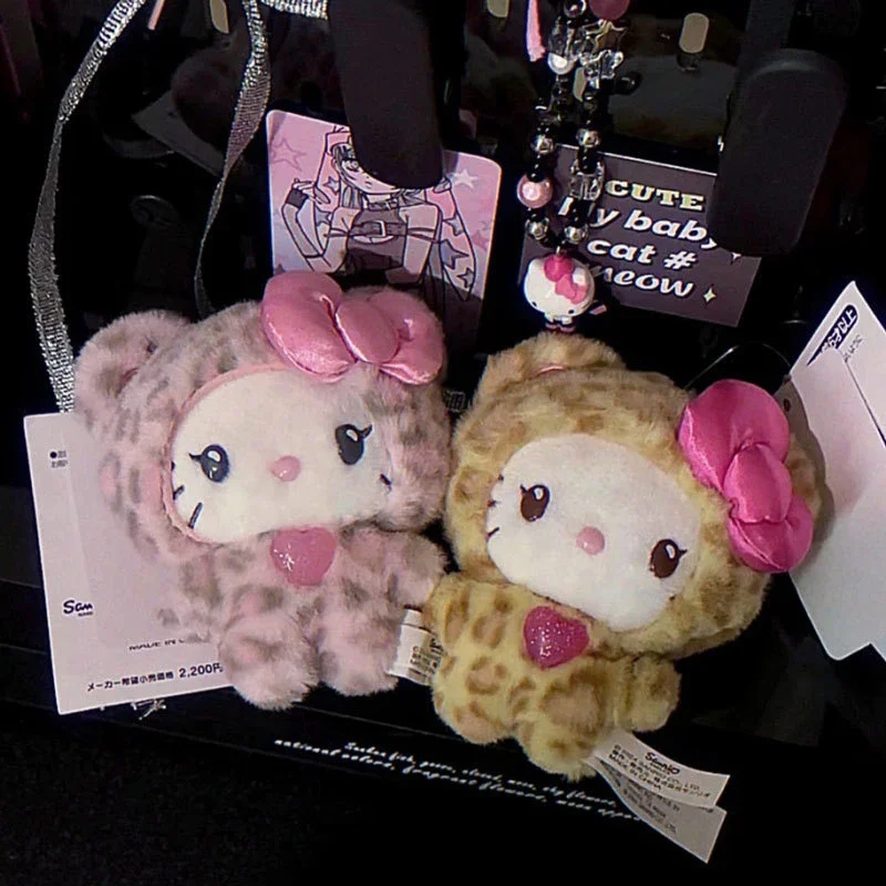 Sanrios Leopard Print Bear Series Hello Kitty Keychain Pendant Cartoon Kitty Cat Plush Doll Pendant Keychain Bag Decoration Gift