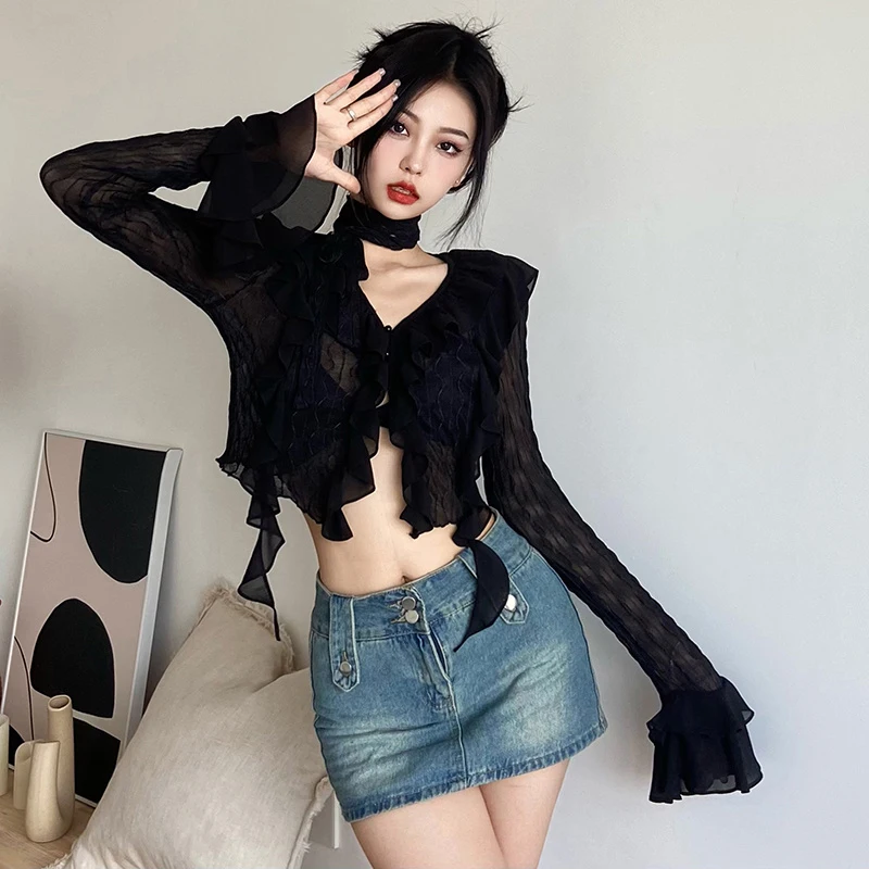 Women's Solid Color Cardigan Retro V Neck Irregular Slim Fashion Mesh Slightly Transparent Long Sleeves Cardigan Top