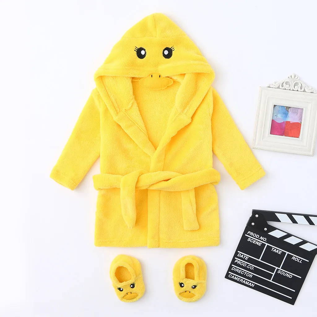 Kids Clothes Infant Boys Girls Cartoon DuckFlannel Bathrobes Hoodie Sleepwear+Footwear Outfits Fashion Warm Casual Set
