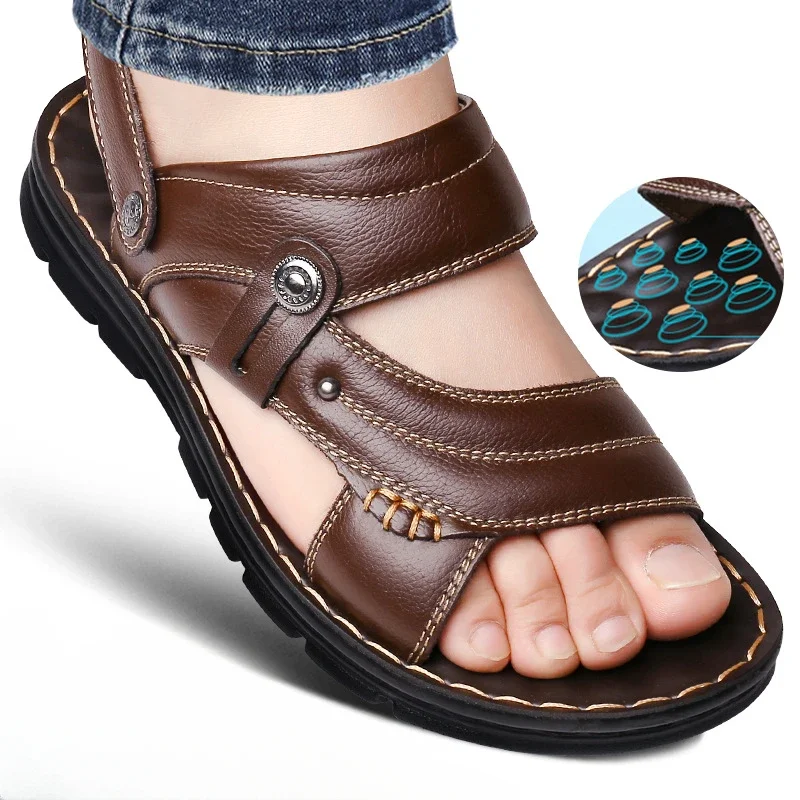 Men's Summer Genuine Leather Sandals Slippers Non-slip Beach Shoes leather sandals summer sandals