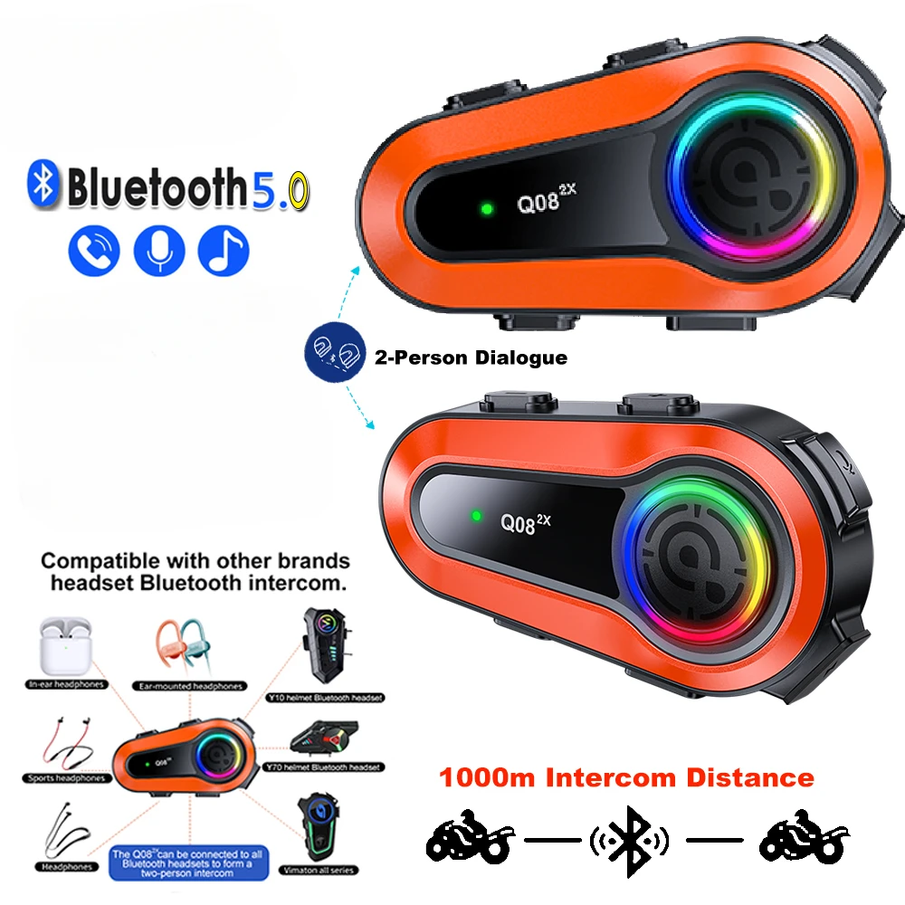 

Q08 2X Motorcycle Intercom Helmet Headset 1000m 5.0 Bluetooth Intercom with QC Chip Can Be Paired with Any Bluetooth Headset