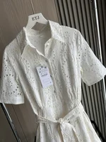 ETJ 2025 new  women's elegant fashion hollow embroidery cotton shirt lapel short-sleeved dress temperament long skirt - Image 2
