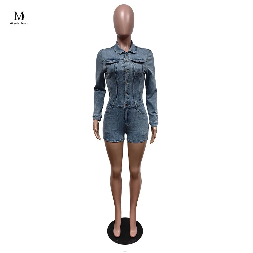 Fashion Denim Jumpsuit Women Long Sleeve Bodycon Elastic One Piece Spring Summer Street Sexy Lady Short Rompers 2024