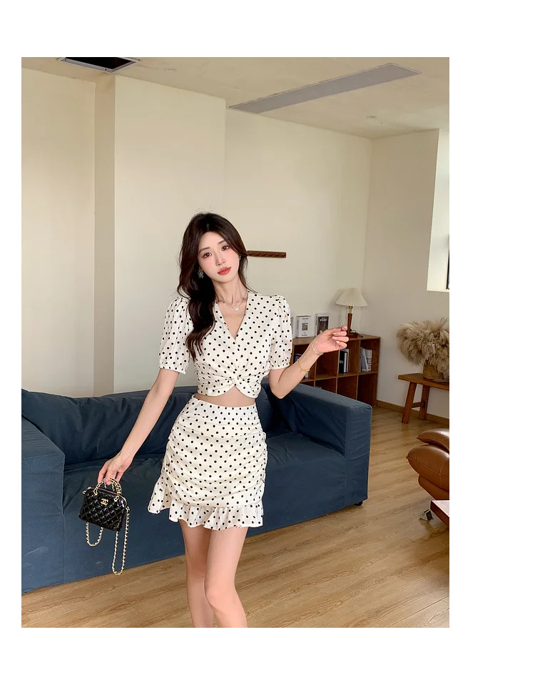 New Summer Two-piece Skirt Set Women Elegant Polka Dot V-neck Cropped Top Bodycon Short Skirt Y2K Sexy Korean Fashion Outfits