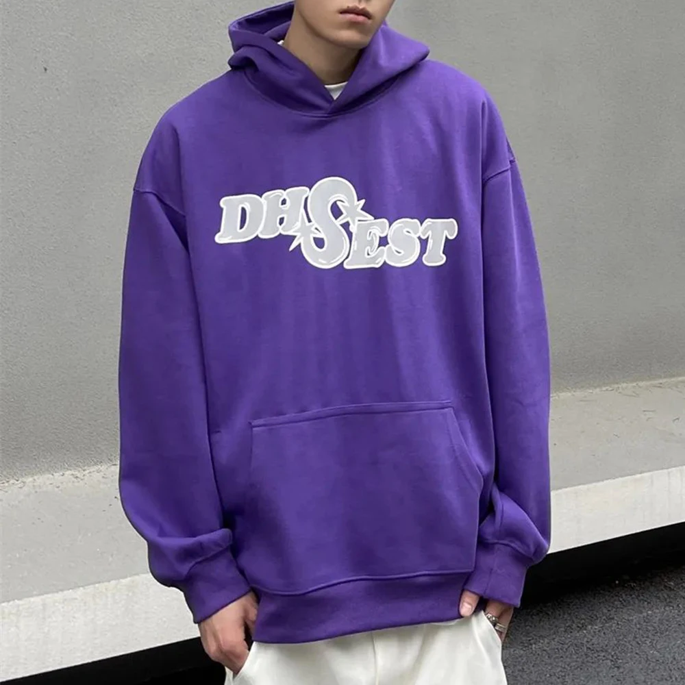 Cotton Blend Hooded Sweatshirt For Men American Loose Fashion Versatile Trendy Personalized Printed Letter Graffiti Street Top