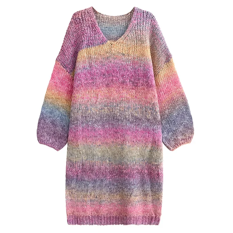 

Gradient V-neck Sweater Dress for Women Autumn Winter Streetwear Trendy Loose Long Sleeve V-neck Knitted Pullovers Dresses 1932