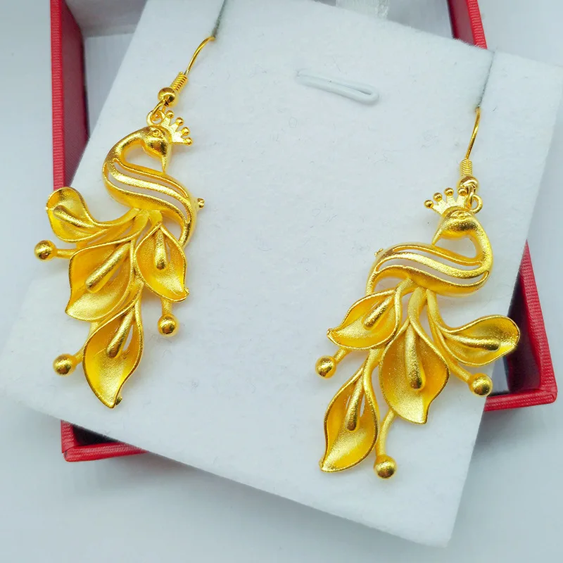 Womens 18K Gold Phoenix Earrings AU750 Peacock Earrings Tassel Comes with Certificate