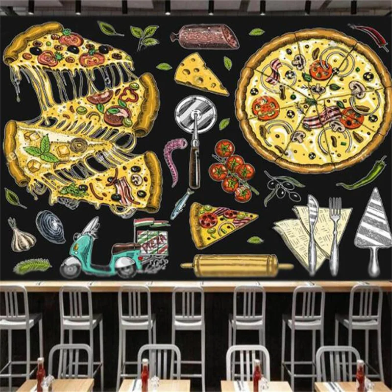 Cartoon Delicious Pizza Burger Fast Food Carta Da Parati Snack Shop Ristorante Industrial Decor Peel And Stick Wallpaper Murale
