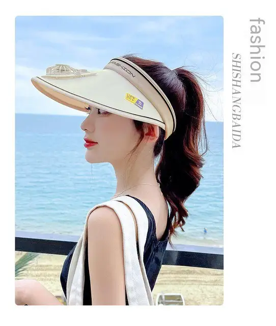 Sun Visor Women Hats with Fan-Three Temp Settings-Large Area Sun Protection  Adjustable Elastic Buckle