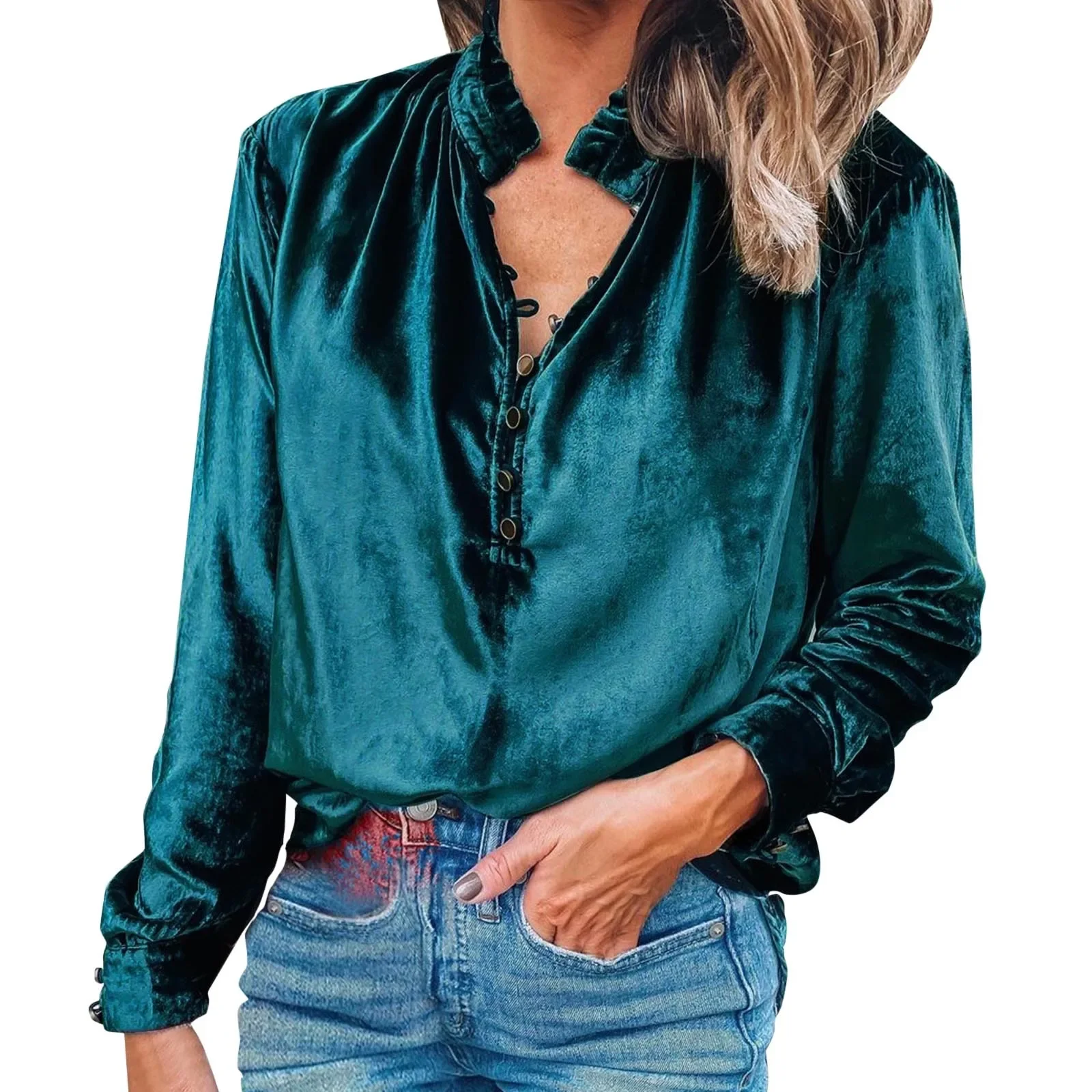 

Женские топы 2023, Женская весенне-летняя пикантная блузка с V-образным вырезом в стиле ретро, золотистая бархатная блузка с длинным рукавом, компрессионные рубашки, блуза