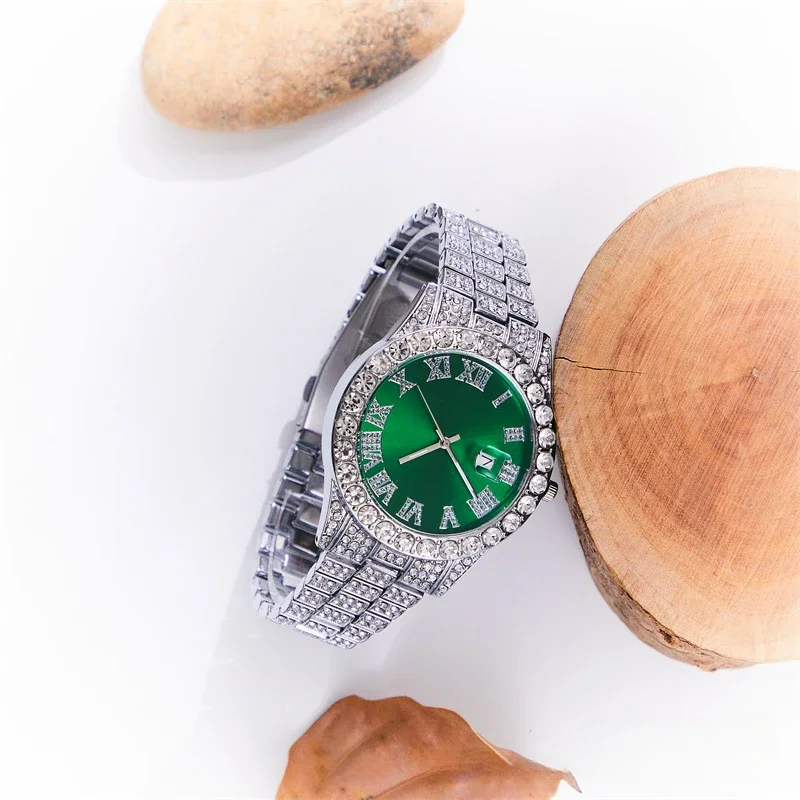 Popular Business Men's Faux Diamond-studded Steel Strap Watch, Fashion Hip-hop Street Culture Cuban Bracelet 2