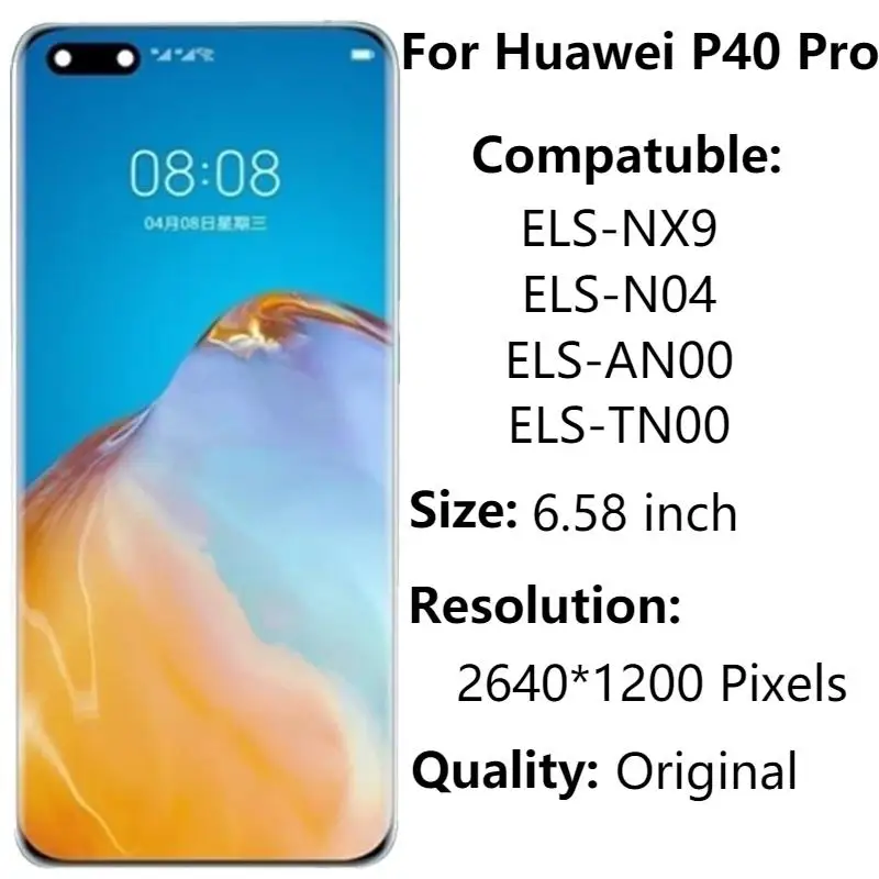 

6.58" Original Display For Huawei P40 Pro LCD Display With Frame P40 Pro ELS-NX9 N04 Touch Screen Digitizer Assembly Replacement