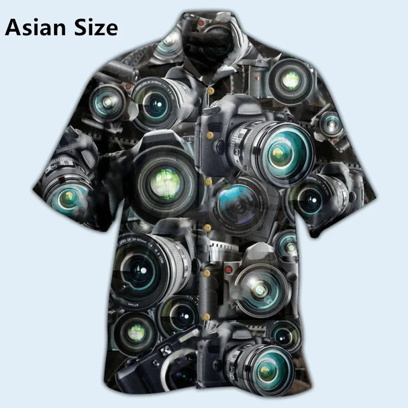 Full Print Colorful Camera Pattern Tropical Hawaiian Shirt For Men Short Sleeve Button Vacation Shirts Tops Men's Casual Shirt