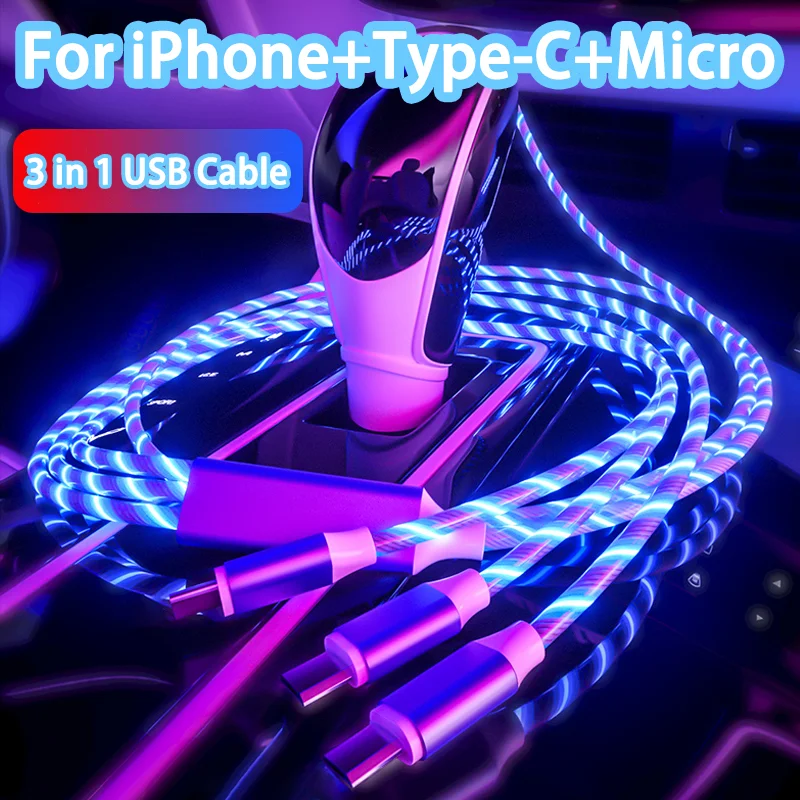 

3 in 1 Glowing LED Light 3A Fast Charging Micro USB Type C Cable For iPhone Samsung Xiaomi Redmi Huawei Phone Charger USB Cable