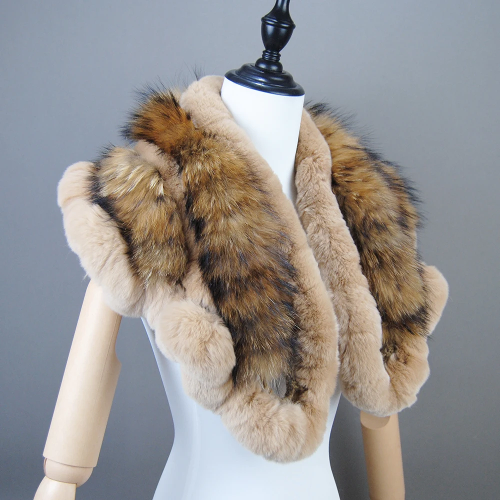 Genuine Rex Rabbit Fur Scarf With Fox Fur Women Winter Warm Scarves Trendy Elegant Natural Rex Rabbit Ring Scarves Female