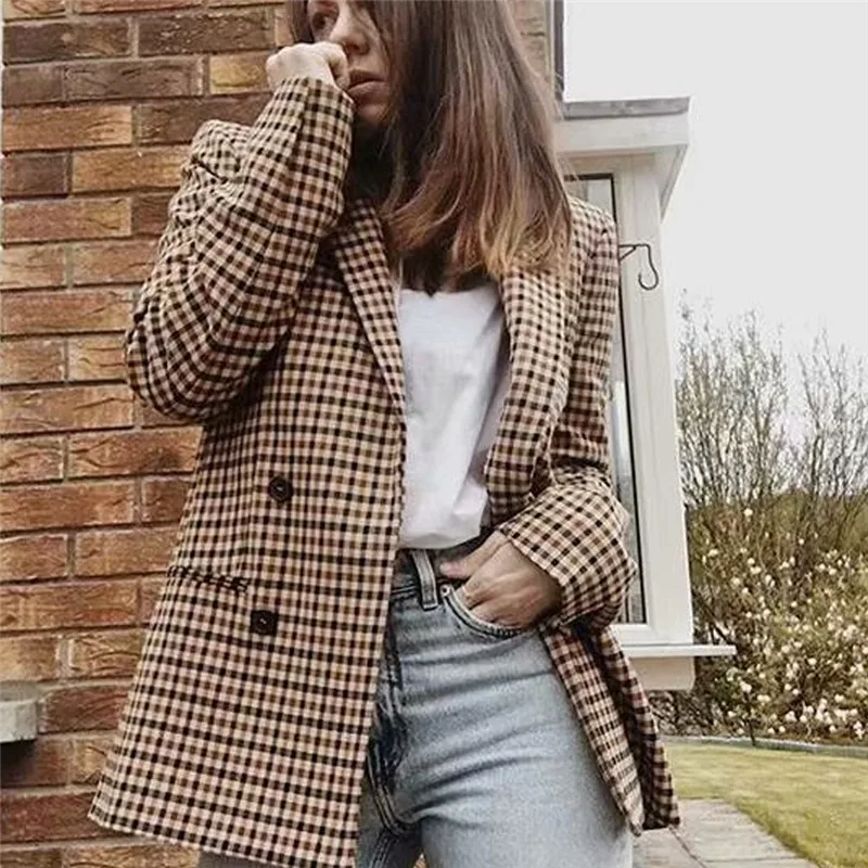 Fashion Double Breasted Plaid Blazer 
