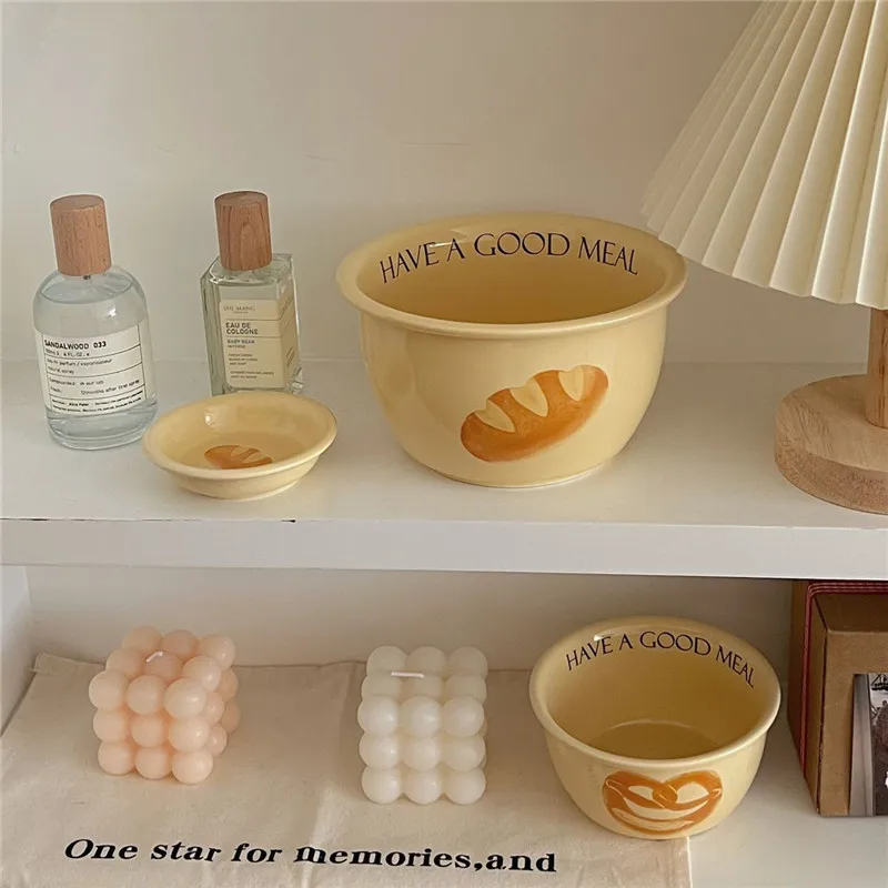 Korean Style Household Ceramic Tableware Set Creative Bread and Toast Printed Noodle Bowls Meal Plate Home Porcelain Dinnerware ceramic tableware set