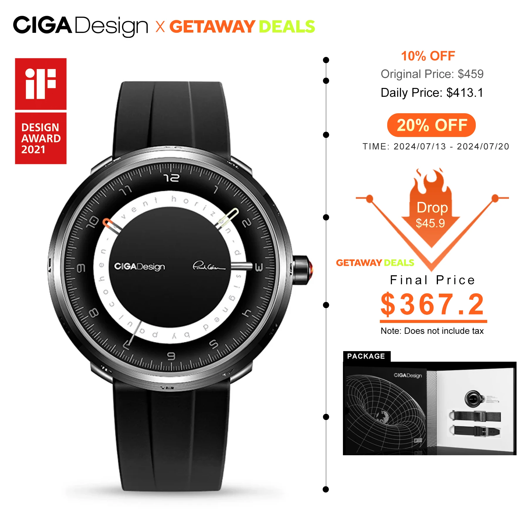 CIGA Design Men Automatic Mechanical Watch Series U Black Hole 316L Stainless Steel Flurorubber Band Transparent Black Watches