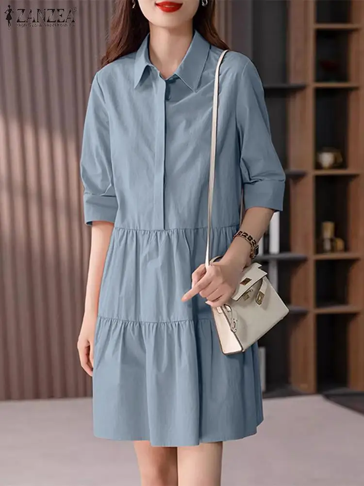 

Платье ZANZEA женское с отложным воротником, стильная рубашка с рукавом до локтя, модный однотонный Повседневный Сарафан до колен, на лето