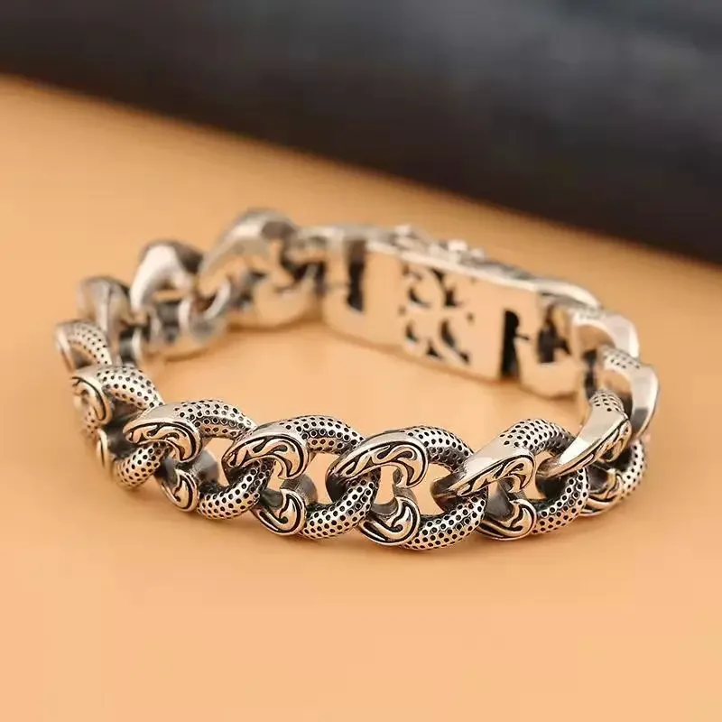 

UMQ S925 Sterling Silver Domineering 13MM Retro Rattan Flower Buckle Coarse Bracelet Men's Twisted Tank Chain Jewelry Gift