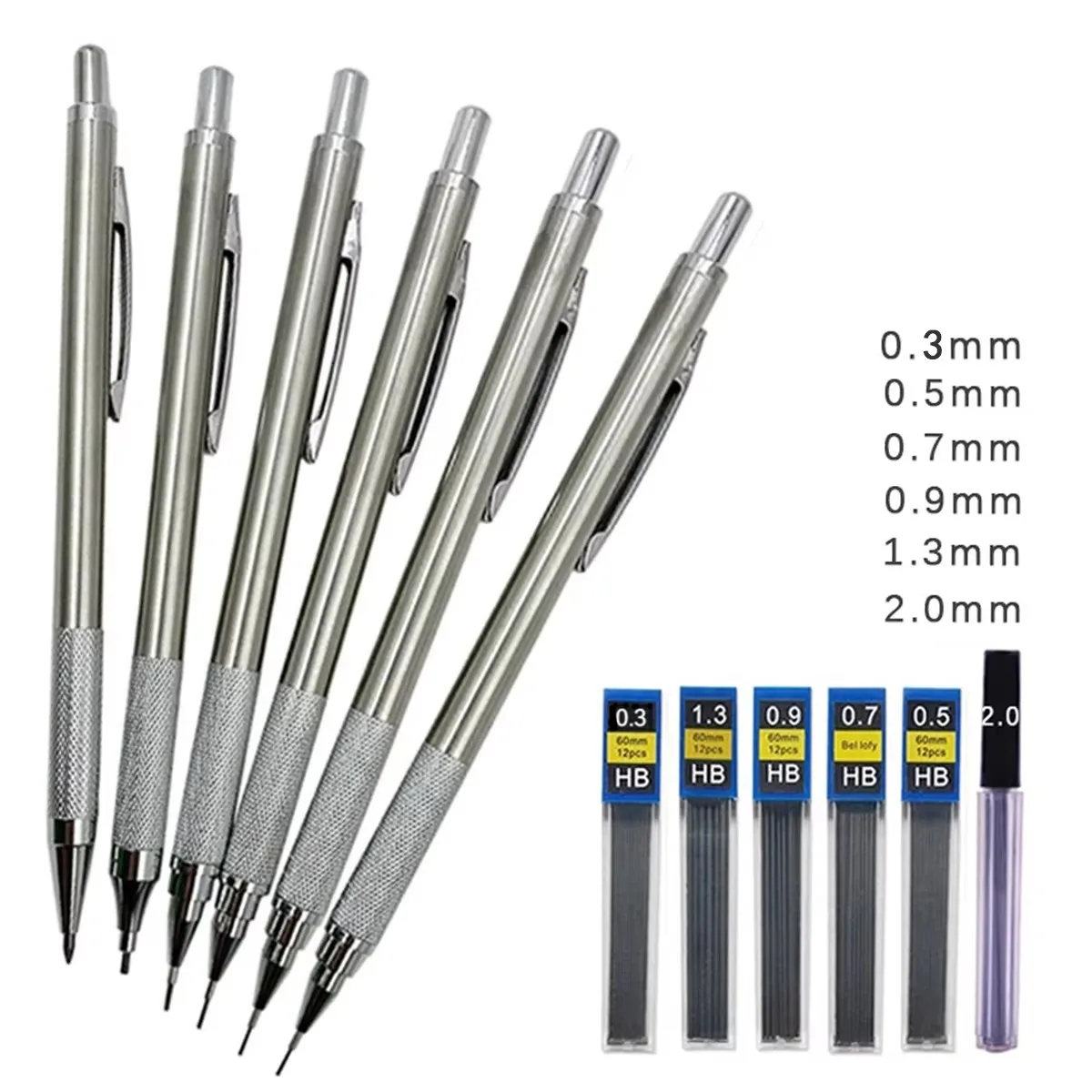 11Pcs/set All Metal Mechanical Pencils 0.3, 0.5, 0.7, 0.9, 1.3 2.0Mm Lead Refills Art, Writing, Sketching Retractable Design 2