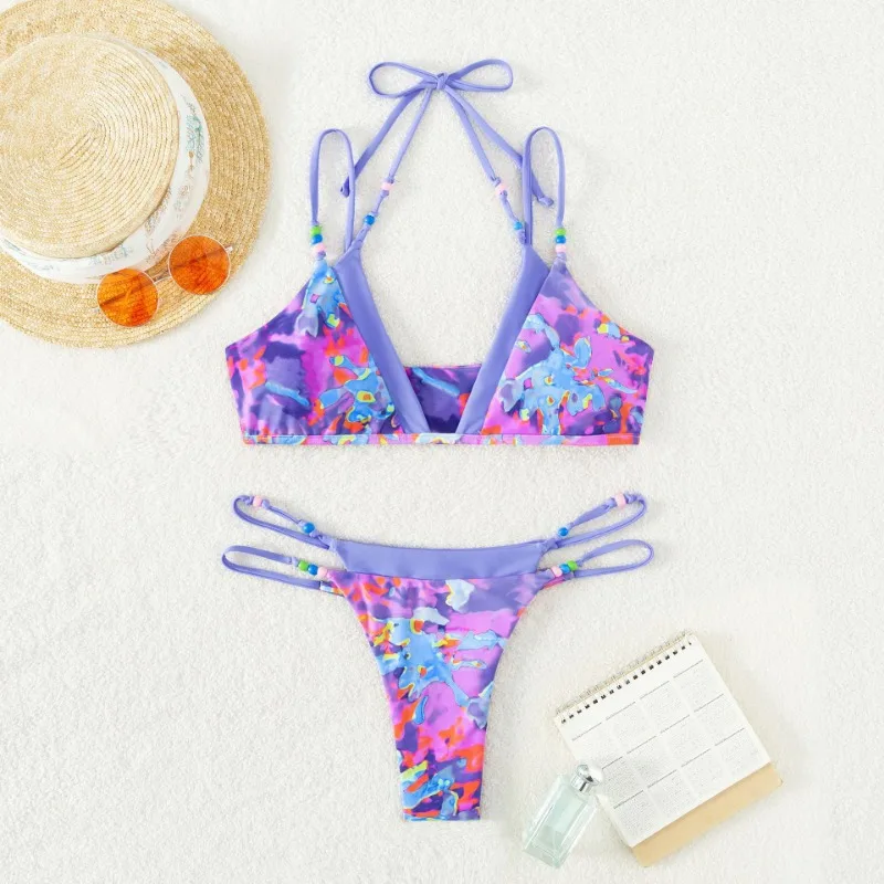 Women Floral Tie Dye Bikini Set Halter Swimsuit Triangle Bathing Suit Swimwear