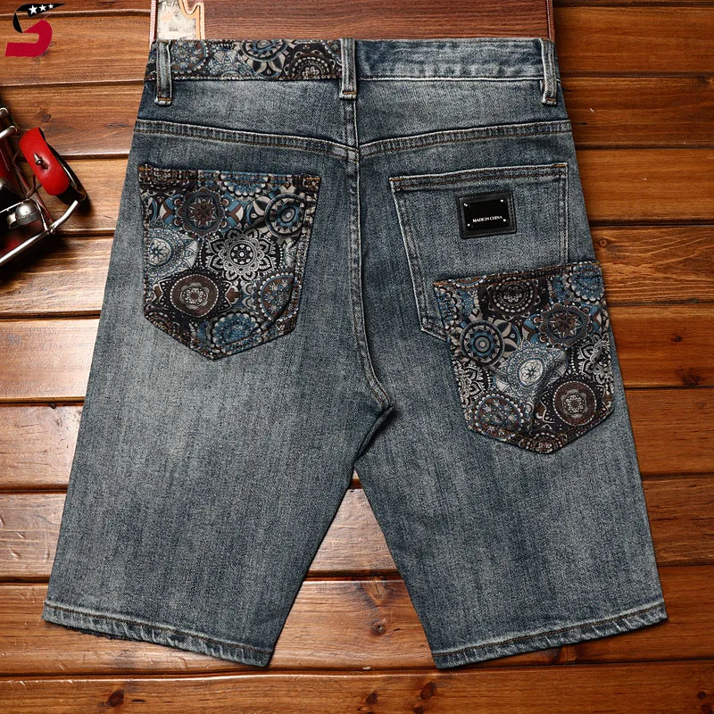 Paisley Trendy Denim Shorts Men's Summer Fashion Printed Casual Cool Street Stretch Slim Cropped Pants Summer