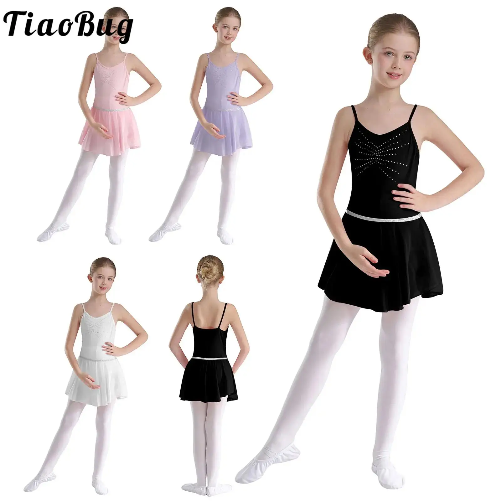 Tiaobug Kids Girls Ballet Dance Dresses Shiny Rhinestones V Neck Spaghetti Straps Leotard Dress for Dance Training Performance
