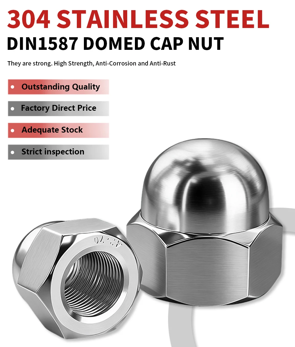 DIN1587 304 Edelstahl Eichelmuttern M3 M4 M5 M6 M8 M10 M12 M14 M16 Dekorative Rostfreie Befestigungselemente für Möbel und Geräte – Detail 1