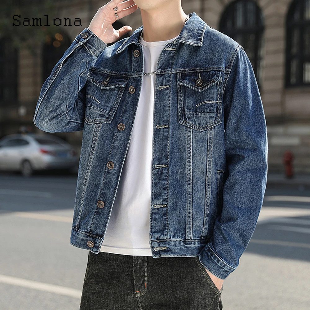 samlona mens demin jackets 2023 new spring autumn outerwear multi zipper slim coats patchwork jackets sexy men clothing 2024 Single Breasted Mens Demin Jackets Spring Lapel Collar retro Jacket Autumn Outerwear Fashion Men Clothing Plus Size S-5XL