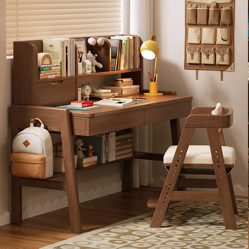 Simple Solid Wood Student Desk Bookshelf for Children Metal Home Bedroom Desk Chair for Study Writing Living Room School