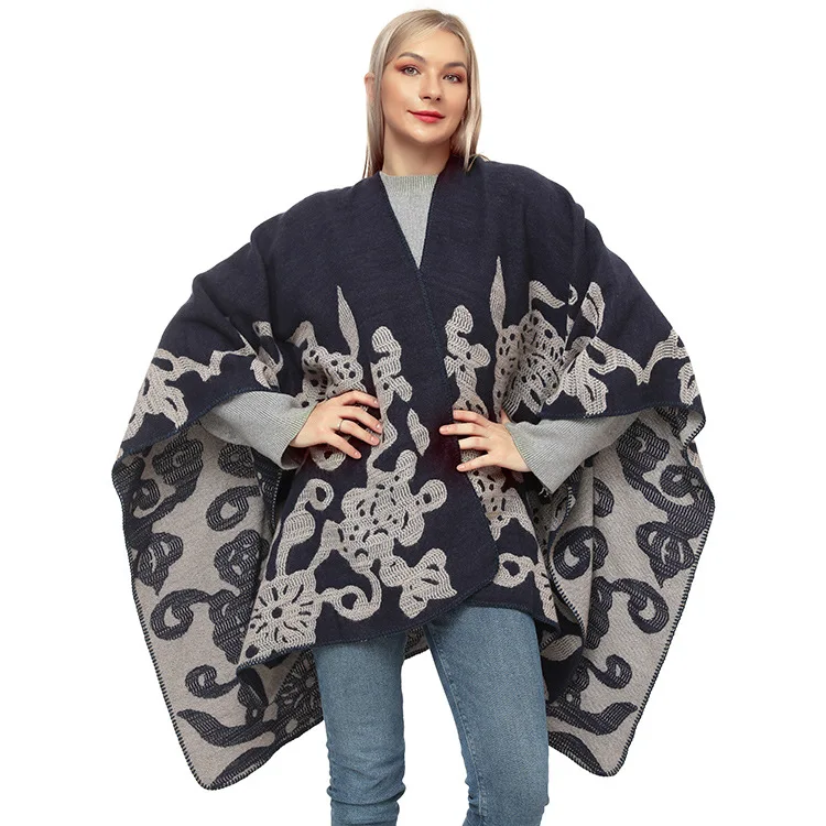 Autumn Winter Butterfly Jacquard Knitted Shawl  Women  Keep Warm Imitation Cashmere  Poncho Lady Capes Navy Cloaks