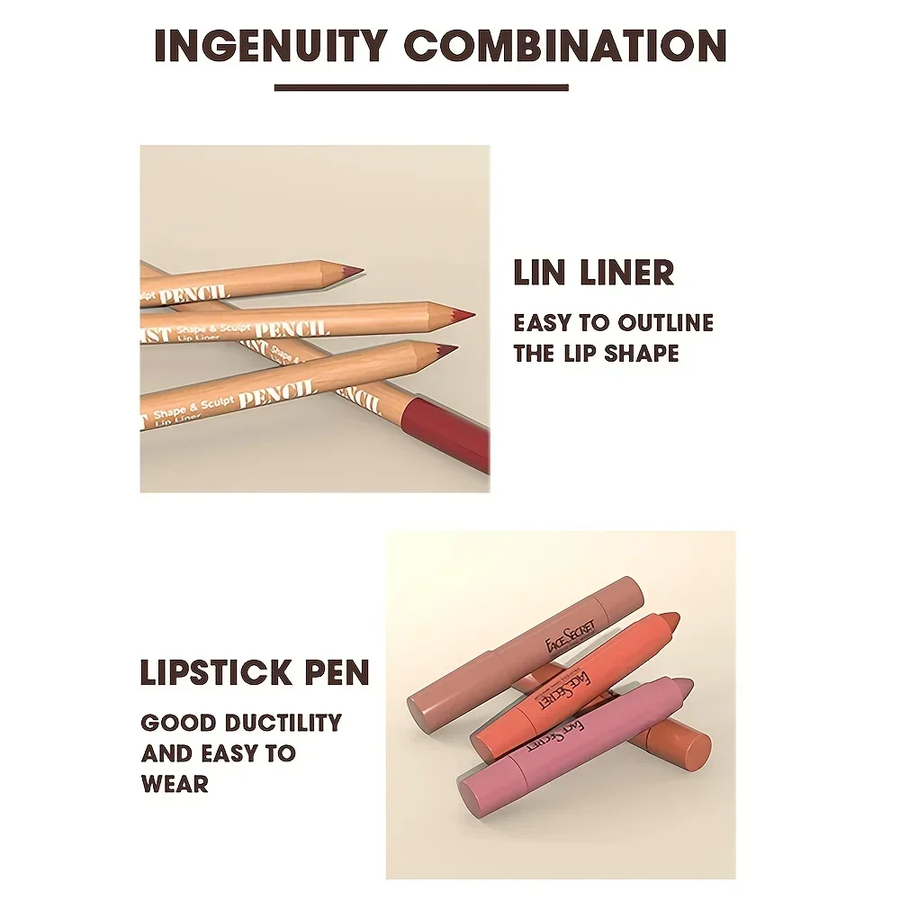 3pcs Lip Liner Lipstick Set,Velvet Silky,Long-Lasting Waterproof,Includes Lip Liner, Moisturizing Oil & Glossy Lipstick