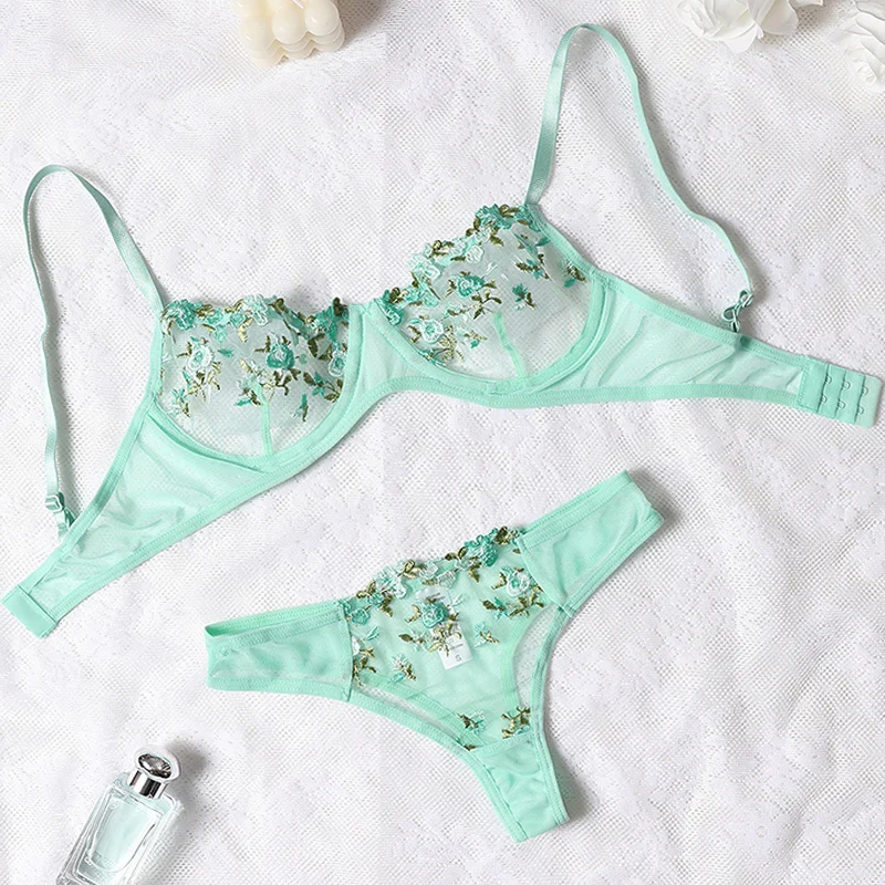 White and Red Embroidered Floral Sheer Lingerie Set